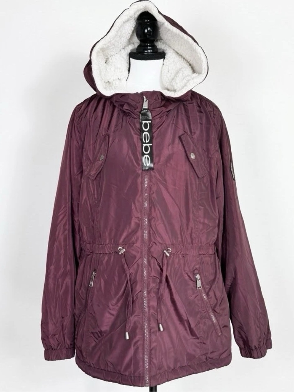 bebe Mid-Length Parka Jacket Coat Hooded Sherpa Purple Burgundy Full Zip XL Y2K